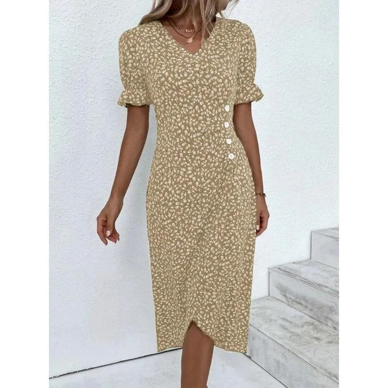 Elegant Floral Pleated H-shaped Midi Dress V Neck Summer Dresses for Women