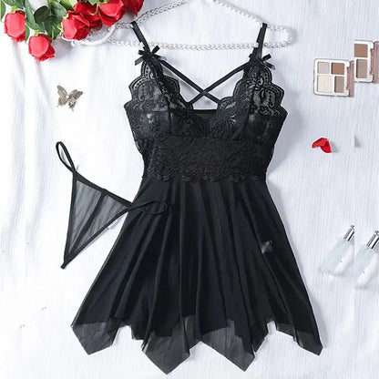 2-Piece Lace Nightgown Set – Green Transparent Nightdress with Bra & Panty