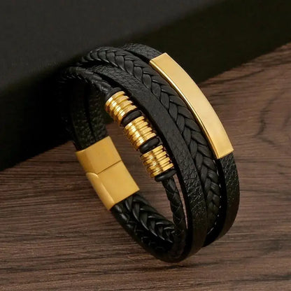 21cm Classic Men's Leather Bracelet - Hand-Woven Multi-Layer Charm