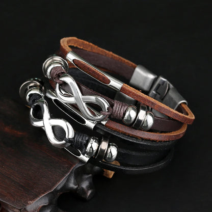 Three distinct leather bracelets featuring an infinity symbol, showcasing unique styles and the Infinity Knot design.