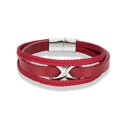  Elegant red leather bracelet with a silver clasp, designed with a durable leather band for a sophisticated look. 