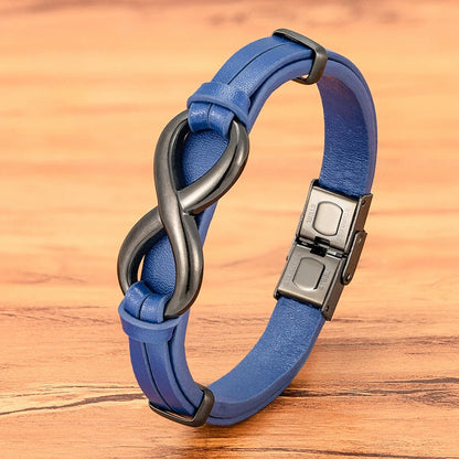 A blue leather bracelet featuring a silver infinity symbol, symbolizing endless possibilities and connections.