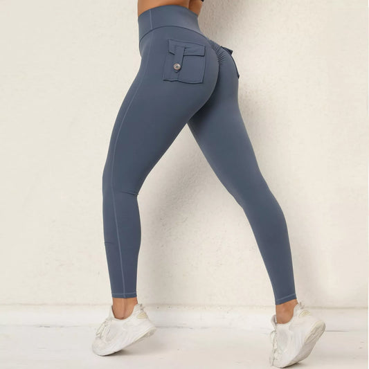 Blue leggings with a pocket on a white background