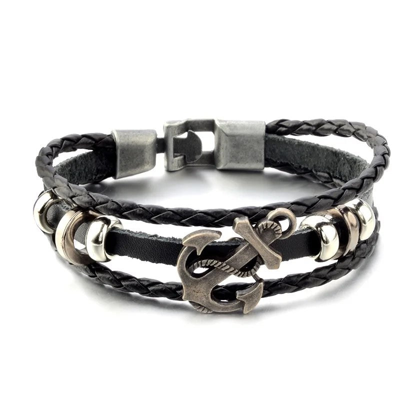 A stylish black leather anchor bracelet featuring a sleek silver anchor charm, perfect for nautical-themed accessories.