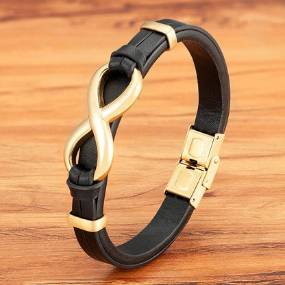 A fashionable brown leather bracelet with a gleaming gold clasp, ideal for enhancing both casual and formal attire.