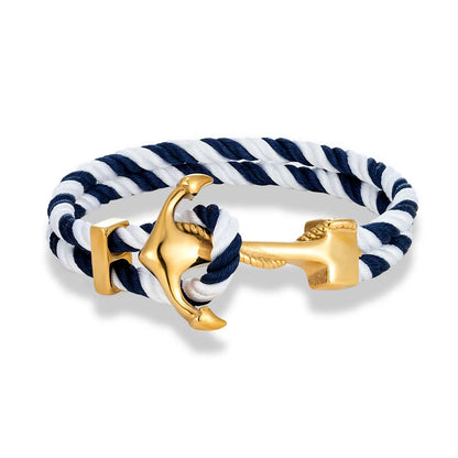 An anchor bracelet crafted from intertwined white and blue rope, showcasing a nautical-inspired design.