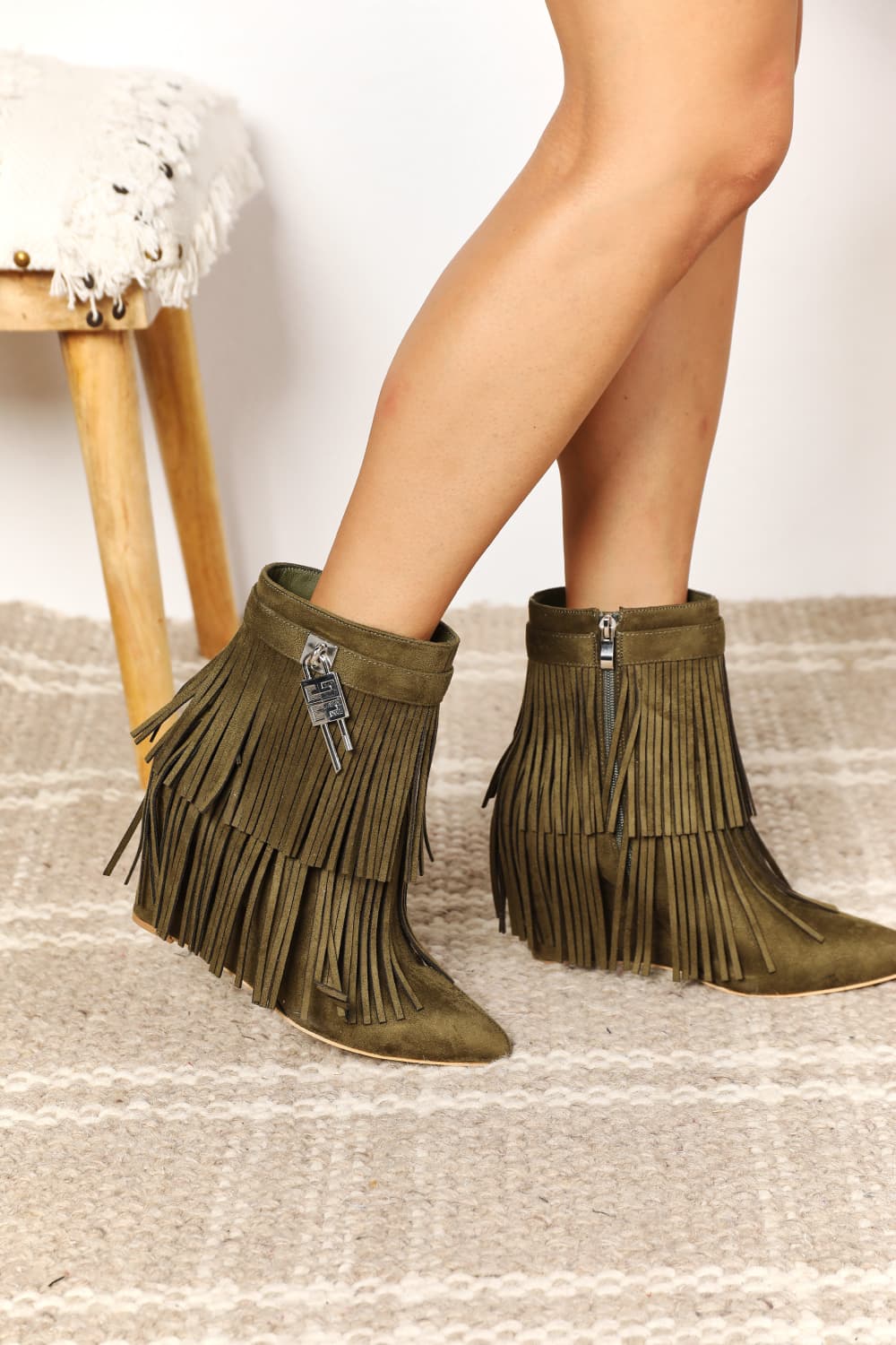 Legend Women's Tassel Wedge Heel Ankle Booties Olive - BossDeals Online