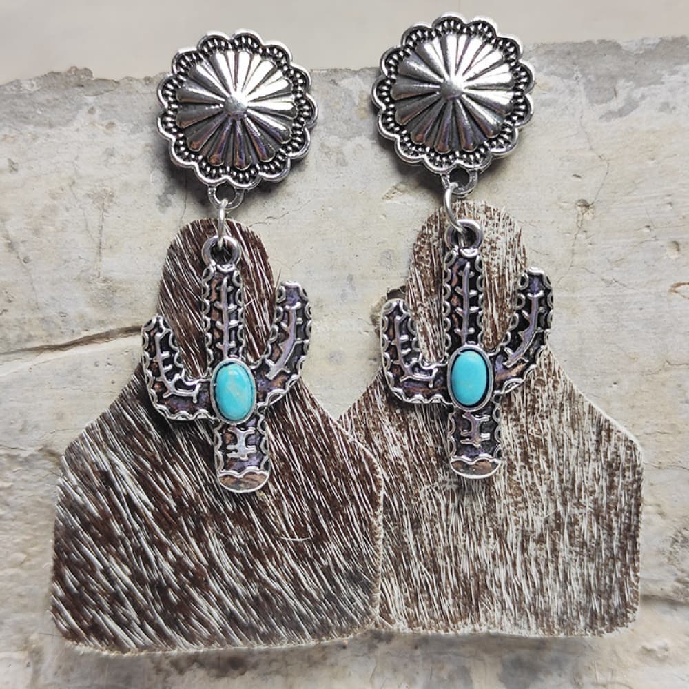 Turquoise Decor Cactus Earrings - Western Style Jewelry