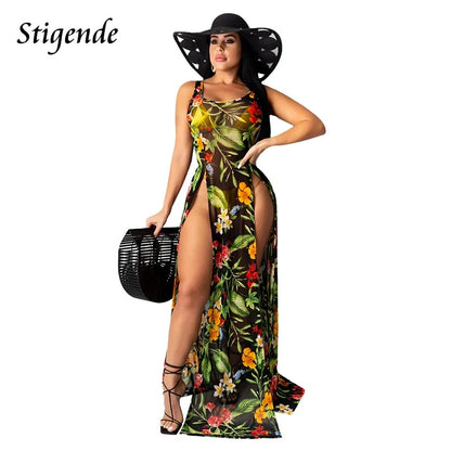 Stigende Women's Palm Leaf Mesh Cover Up Maxi Dress