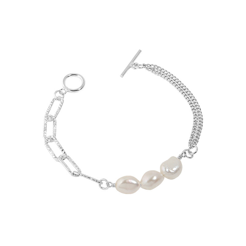 Asymmetry Hollow Chain Baroque Natural Pearl 925 Sterling Silver Bracelet