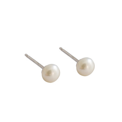 Simple Round Natural Pearls 925 Sterling Silver Stud Earrings