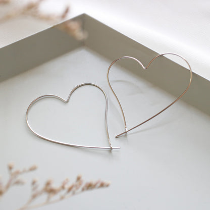 Simple Hollow Big Heart 925 Sterling Silver Hoop Earrings