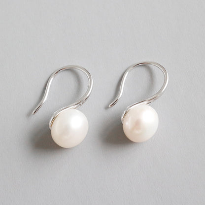 Women Round Natural Pearl 925 Sterling Silver Dangling Earrings