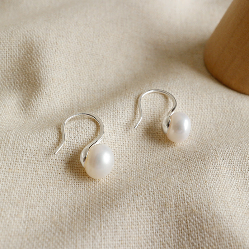 Women Round Natural Pearl 925 Sterling Silver Dangling Earrings