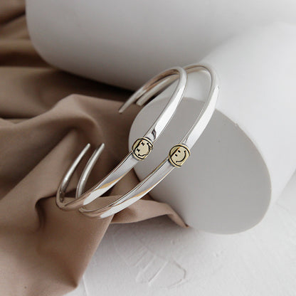 Simple Smile Face 925 Sterling Silver Open Promise Bangle