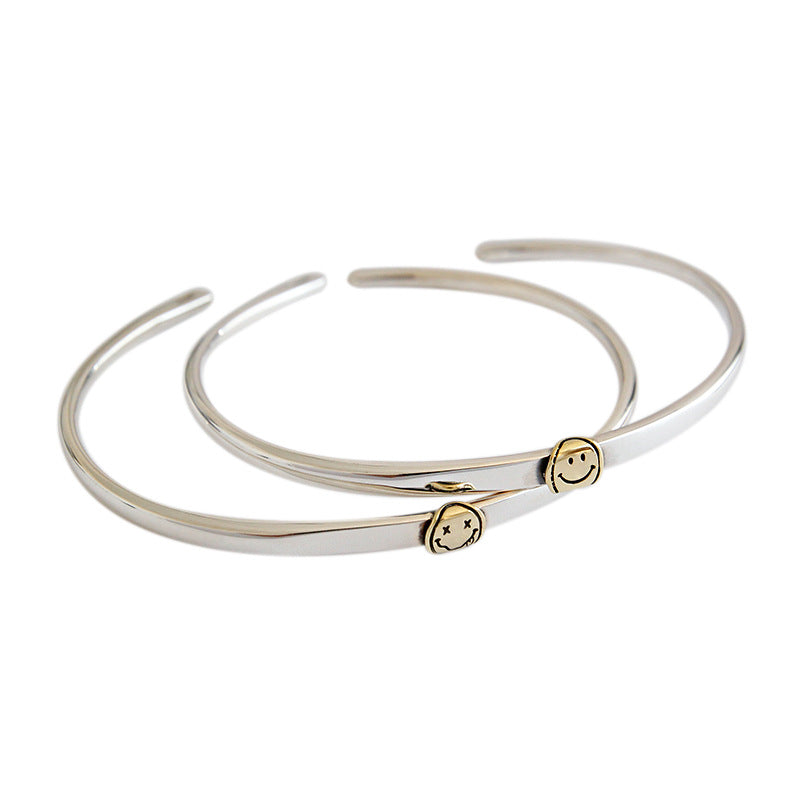 Simple Smile Face 925 Sterling Silver Open Promise Bangle