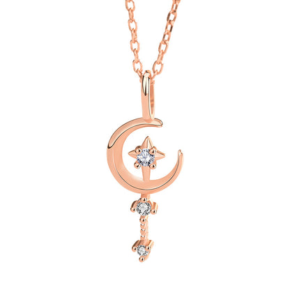 New CZ Crescent Moon Magic Wand 925 Sterling Silver Necklace