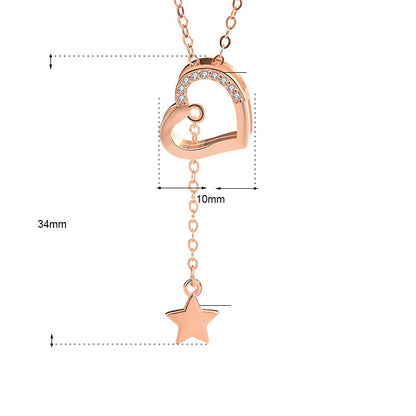 Sweet CZ Hollow Heart Star Tassels 925 Sterling Silver Necklace