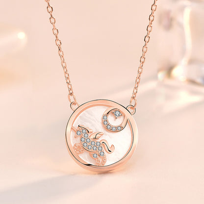 Gift Mother of Shell Moon CZ Unicorn 925 Sterling Silver Necklace