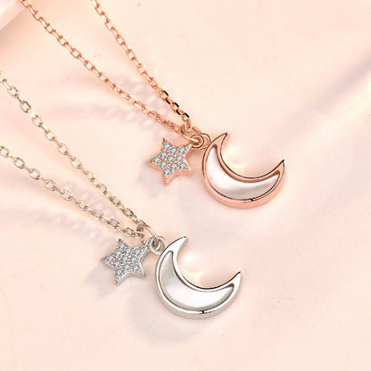 Girl Mother of Shell Crescent Moon CZ Stars 925 Sterling Silver Necklace