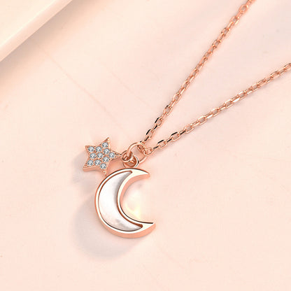 Girl Mother of Shell Crescent Moon CZ Stars 925 Sterling Silver Necklace