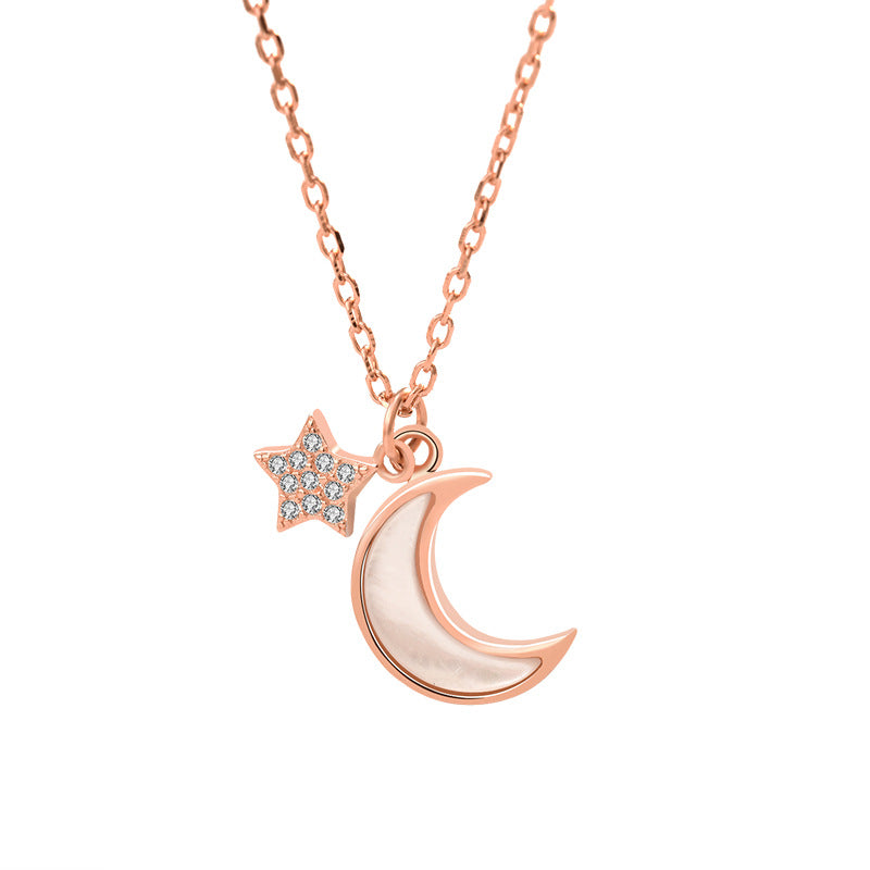 Girl Mother of Shell Crescent Moon CZ Stars 925 Sterling Silver Necklace