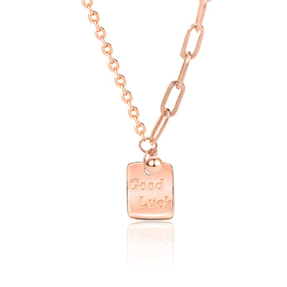 Modern Good Luck Letters Square Tag 925 Sterling Silver Necklace