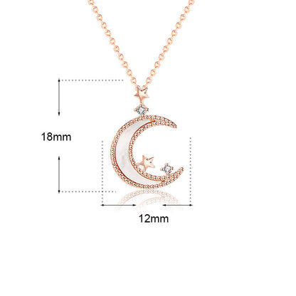 Women Mother of Shell Crescent Moon CZ Stars 925 Sterling Silver Necklace