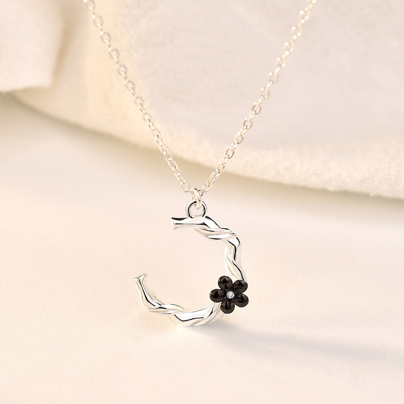 Holiday Childhood Sweethearts C Shape Plum Blossom Flower 925 Sterling Silver Necklace