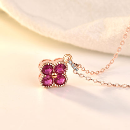 Beautiful Pink CZ Four Leaf Clover 925 Sterling Silver Necklace