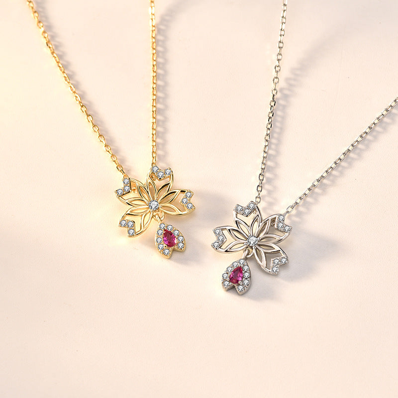 Sweet Hollow CZ Sakura Flower 925 Sterling Silver Necklace