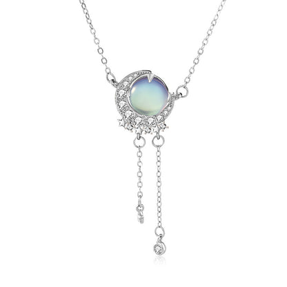 Holiday Natural Moonstone Star CZ Crescent Moon 925 Sterling Silver Necklace