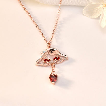 Sweet Red CZ Shy Girl Heart 925 Sterling Silver Necklace