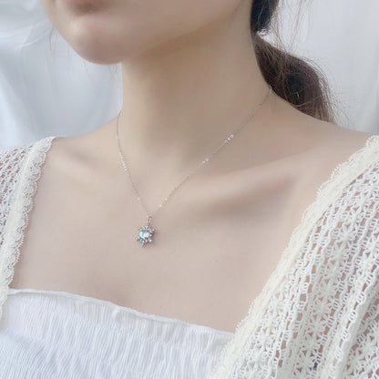 Women White Natural Moonstone CZ Snow Flake 925 Sterling Silver Necklace