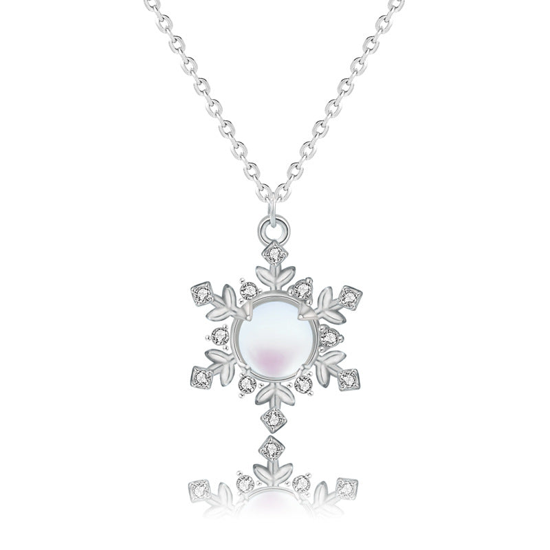 Women White Natural Moonstone CZ Snow Flake 925 Sterling Silver Necklace