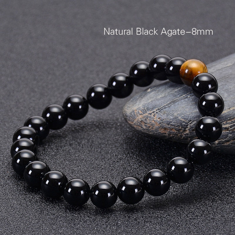 Natural Black Onyx with Tiger eye Stone Beads Men Bracelet