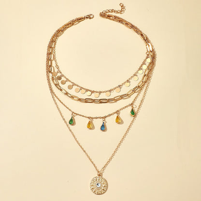 Docona Boho Water Drop Colorful Crystal Pendant Multilayer Necklace for Women