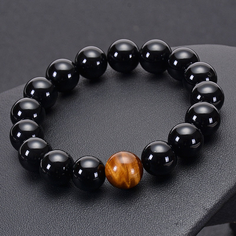 Natural Black Onyx with Tiger eye Stone Beads Men Bracelet