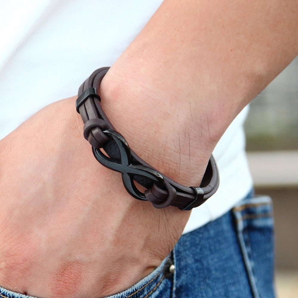 Stainless Steel Leather Bracelet Infinity Logo for Men