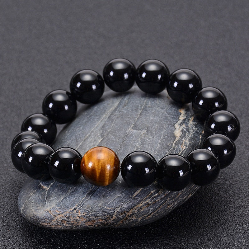 Natural Black Onyx with Tiger eye Stone Beads Men Bracelet