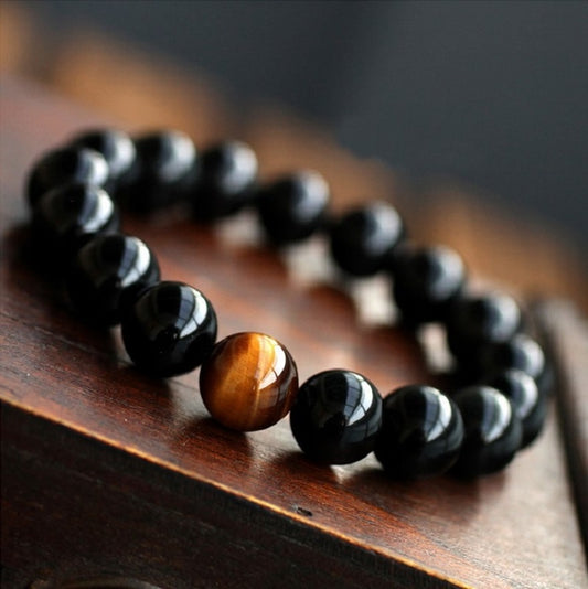 Natural Black Onyx with Tiger eye Stone Beads Men Bracelet