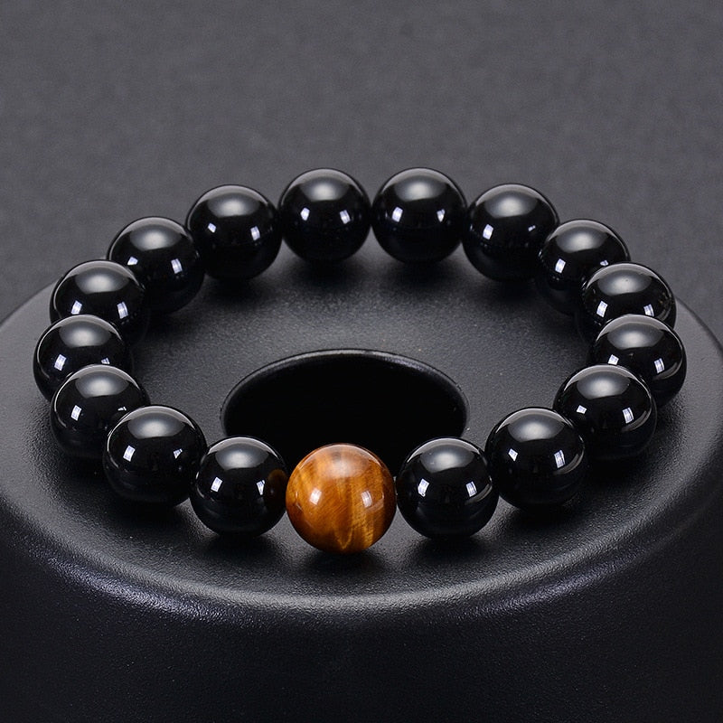 Natural Black Onyx with Tiger eye Stone Beads Men Bracelet