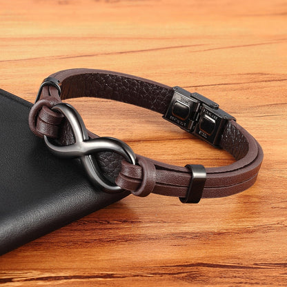 Stainless Steel Leather Bracelet Infinity Logo for Men