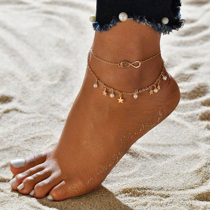 Simple Tassel Double Star Pearl 8 Word Female Anklet Bracelet