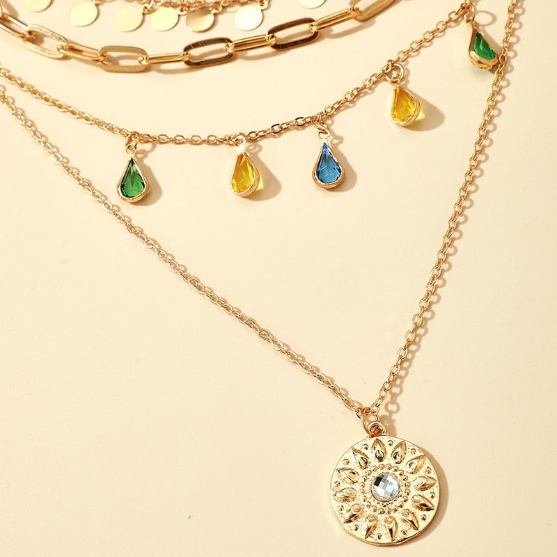 Docona Boho Water Drop Colorful Crystal Pendant Multilayer Necklace for Women