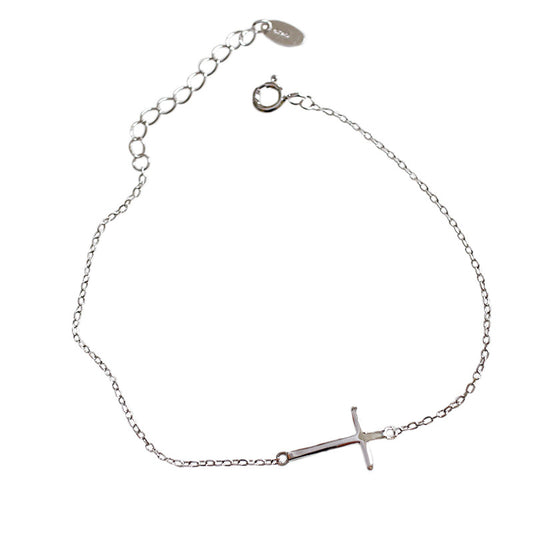 Simple Cross Solid 925 Sterling Silver Adjustable Anklet