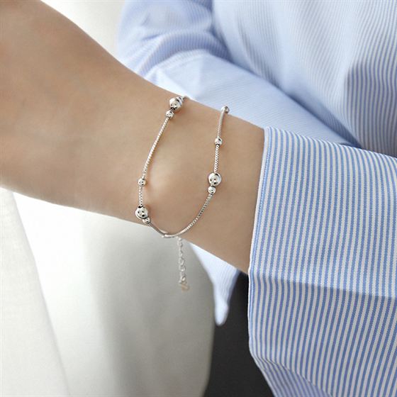 Women Double Layer Beads 925 Sterling Silver Bracelet