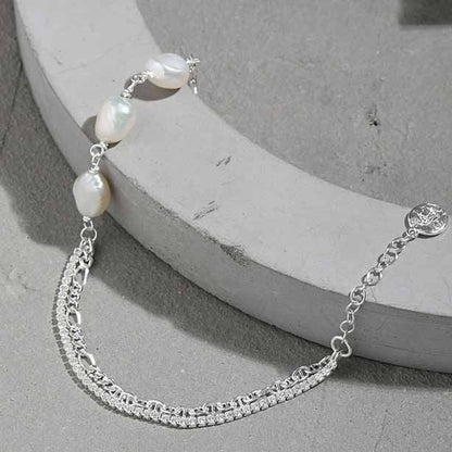 Girl Irregular Double Layer Hollow Chain Natural Pearl 925 Sterling Silver Bracelet