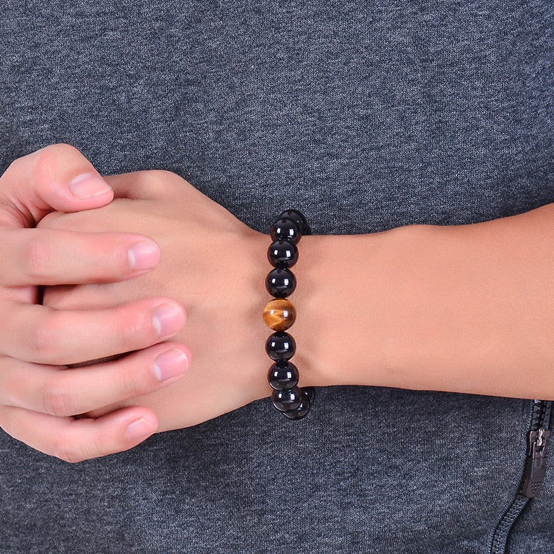 Natural Black Onyx with Tiger eye Stone Beads Men Bracelet