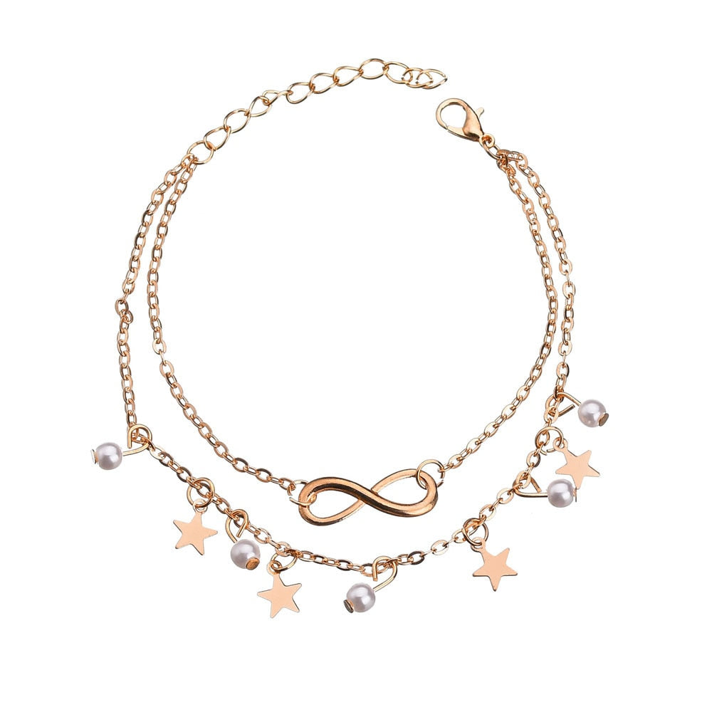 Simple Tassel Double Star Pearl 8 Word Female Anklet Bracelet